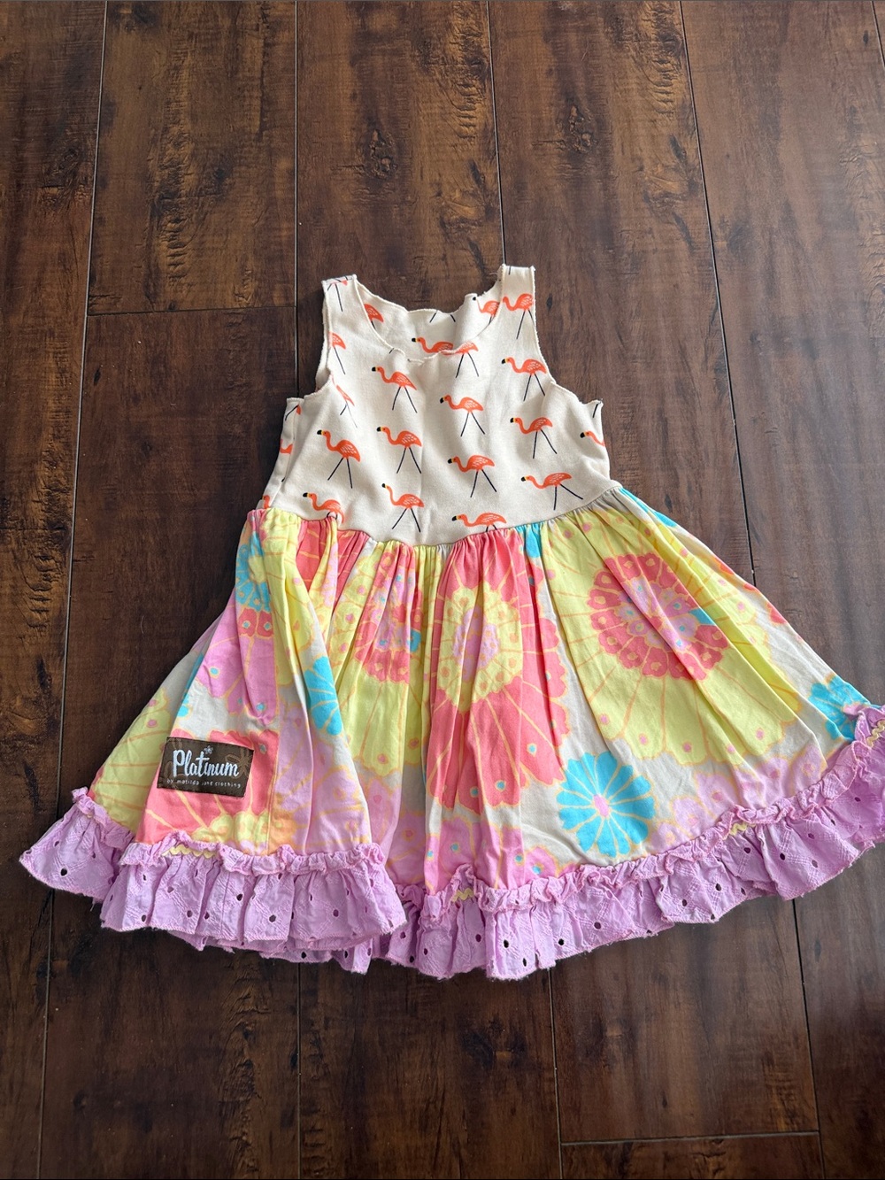 Platinum Matilda Jane Cream &Orange Flamingo Bodice with Multicolor Floral Dress